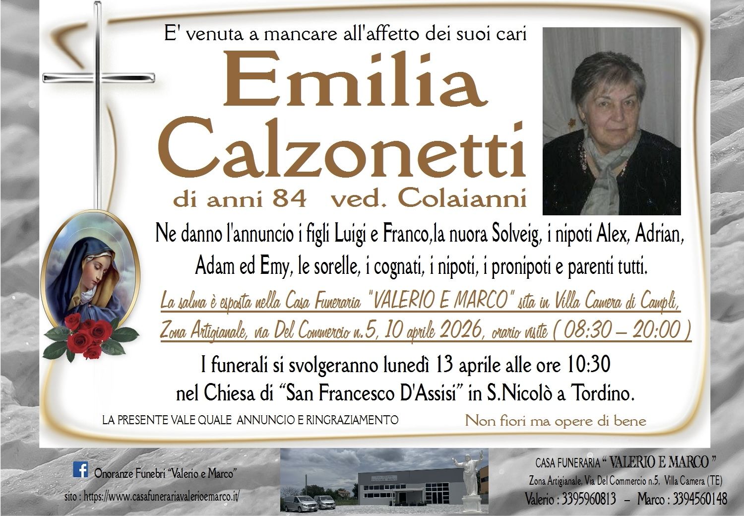 necrologio di Emilia Calzonetti ved. Colaianni Casa Funeraria Agenzia Onoranze Funebri Valerio e Marco Teramo Val Vibrata