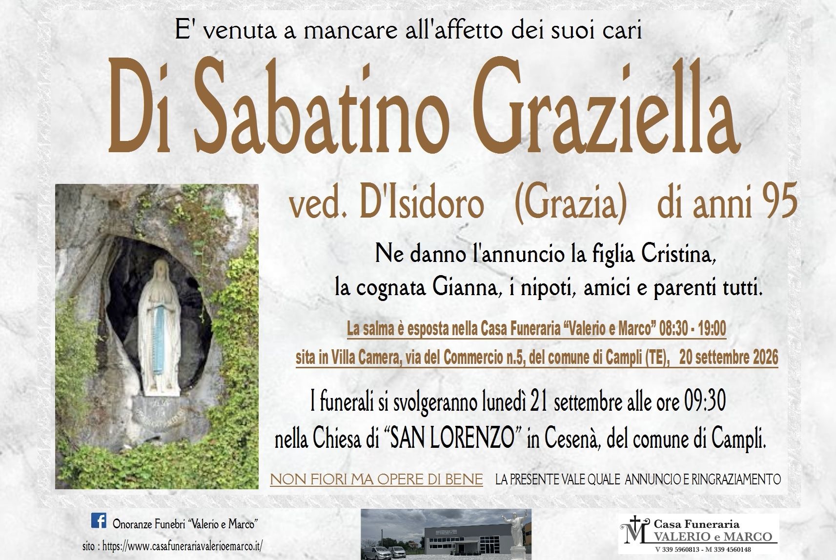 necrologio di Graziella Di Sabatino ved. D'Isidoro Casa Funeraria Agenzia Onoranze Funebri Valerio e Marco Teramo Val Vibrata