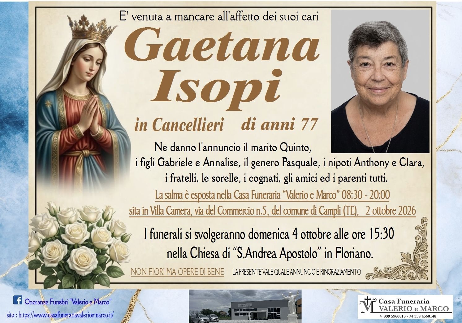 necrologio di Gaetana Esopi in Cancellieri Casa Funeraria Agenzia Onoranze Funebri Valerio e Marco Teramo Val Vibrata