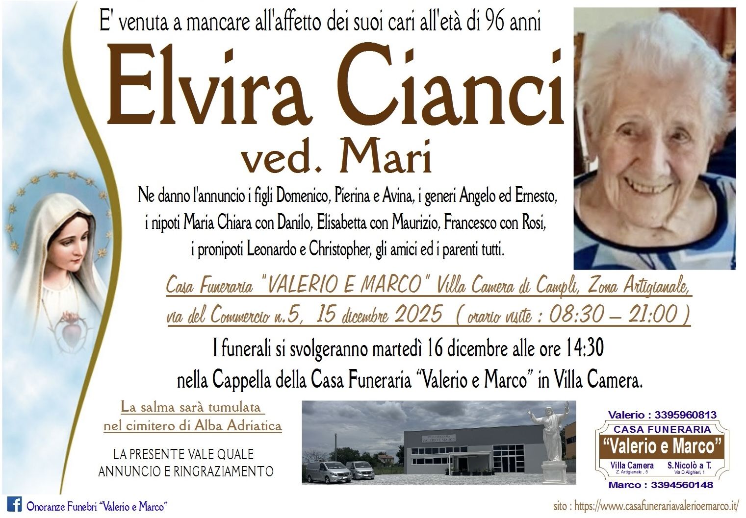 necrologio di Elvira Cianci Casa Funeraria Agenzia Onoranze Funebri Valerio e Marco Teramo Val Vibrata