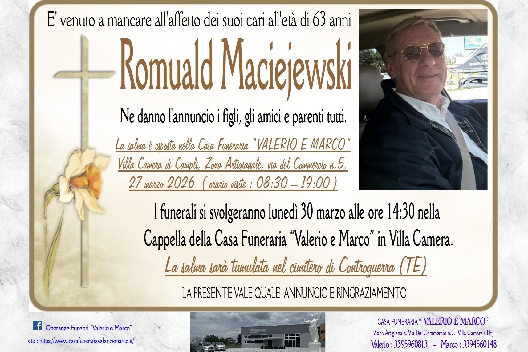 necrologio di Romuald Maciejewski Casa Funeraria Agenzia Onoranze Funebri Valerio e Marco Teramo Val Vibrata