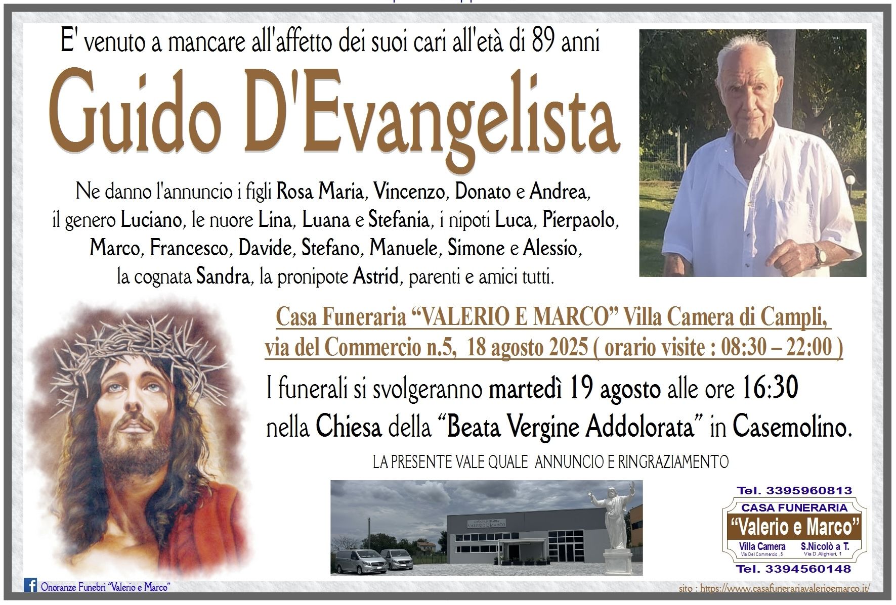 necrologio di Guido D'Evangelista Casa Funeraria Agenzia Onoranze Funebri Valerio e Marco Teramo Val Vibrata