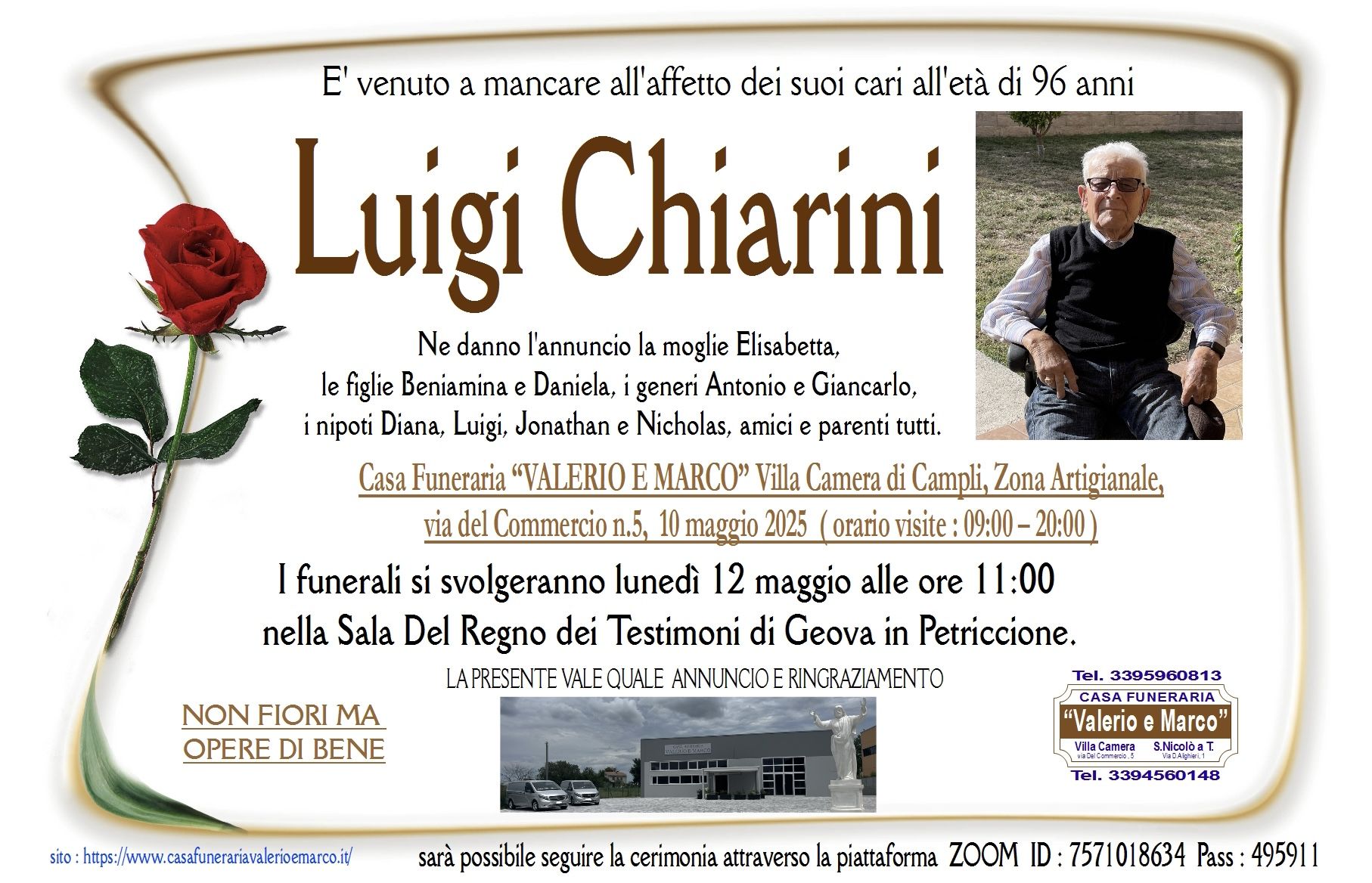 necrologio di Luigi Chiarini Casa Funeraria Agenzia Onoranze Funebri Valerio e Marco Teramo Val Vibrata
