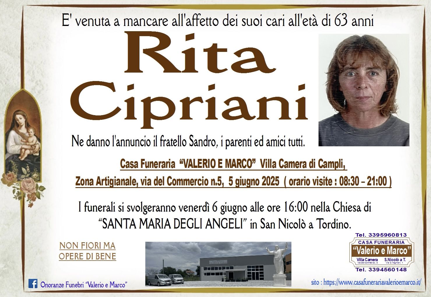 necrologio di Rita Cipriani Casa Funeraria Agenzia Onoranze Funebri Valerio e Marco Teramo Val Vibrata