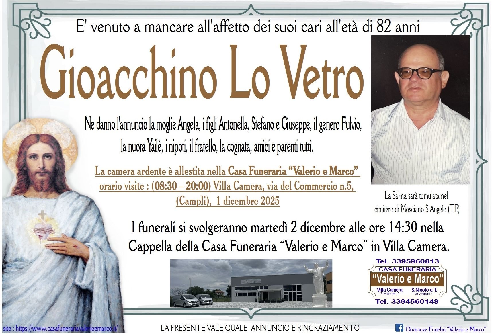 necrologio di Gioacchino Lo Vetro Casa Funeraria Agenzia Onoranze Funebri Valerio e Marco Teramo Val Vibrata