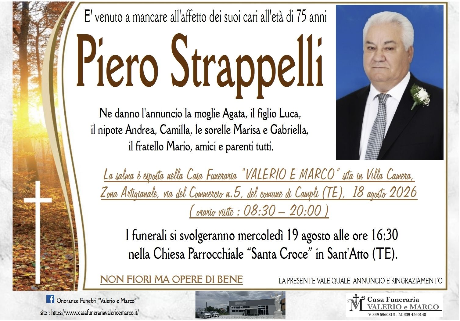 necrologio di Piero Strappelli Casa Funeraria Agenzia Onoranze Funebri Valerio e Marco Teramo Val Vibrata