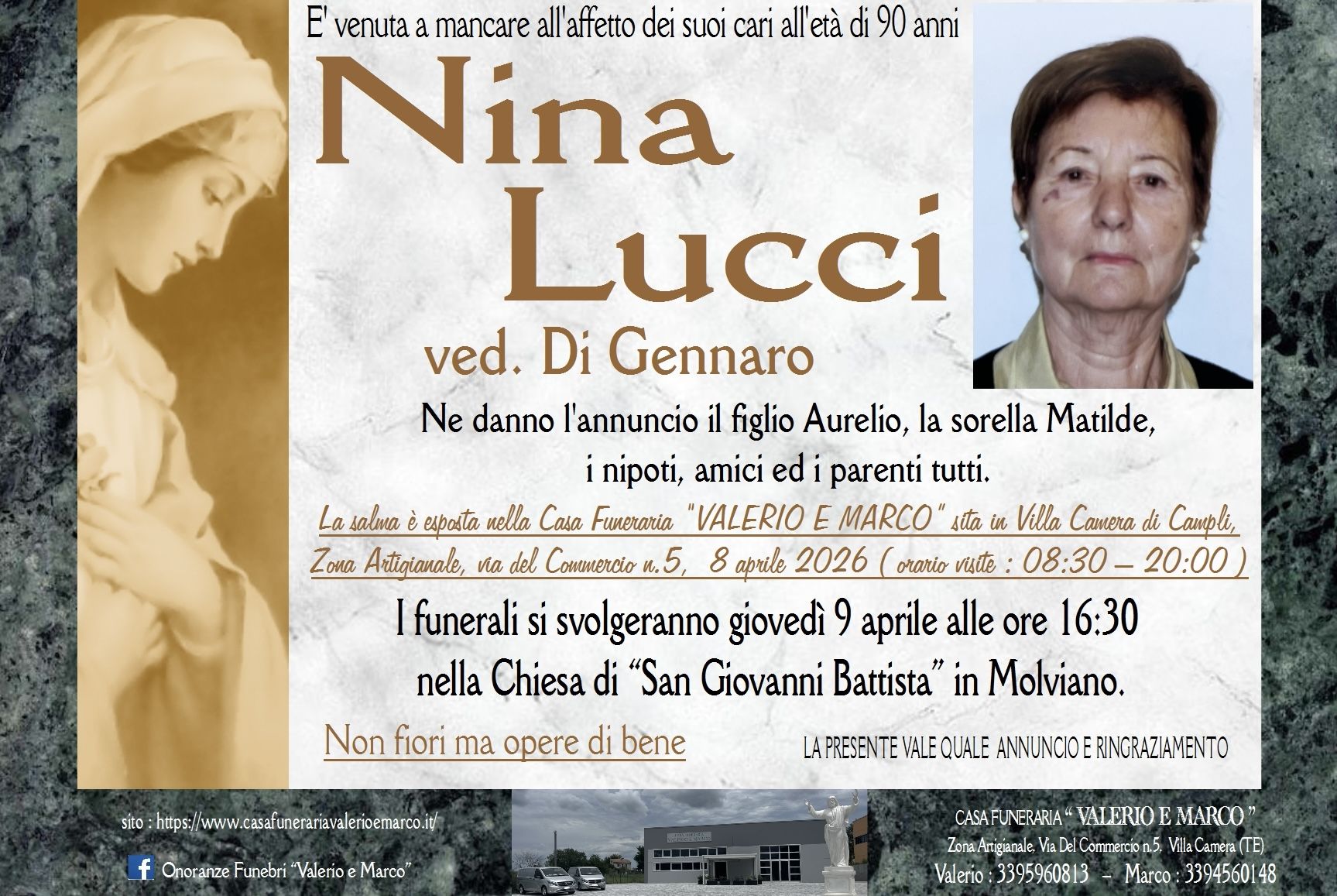 necrologio di Nina Lucci ved. Di Gennaro Casa Funeraria Agenzia Onoranze Funebri Valerio e Marco Teramo Val Vibrata