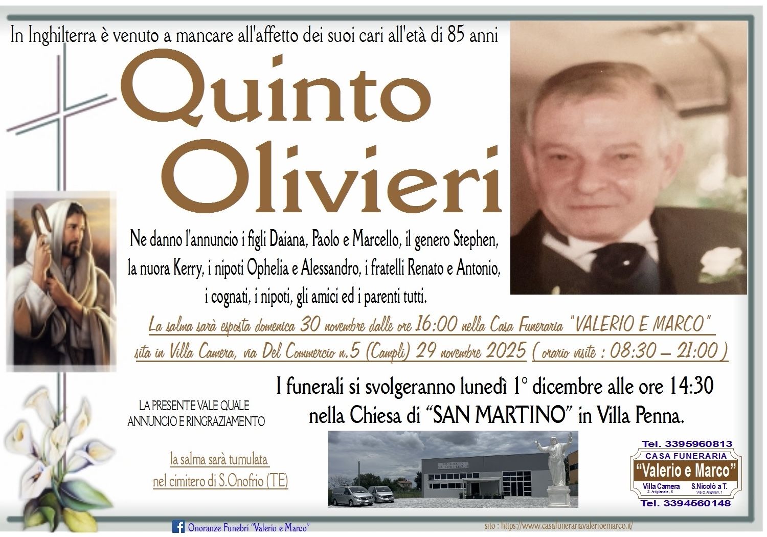 necrologio di Quinto Olivieri Casa Funeraria Agenzia Onoranze Funebri Valerio e Marco Teramo Val Vibrata