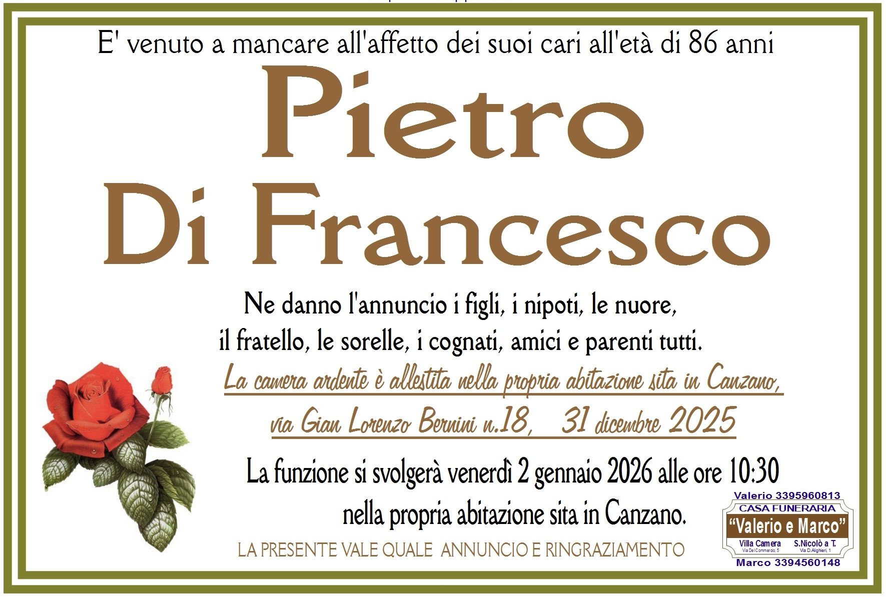 necrologio di Pietro Di Francesco Casa Funeraria Agenzia Onoranze Funebri Valerio e Marco Teramo Val Vibrata