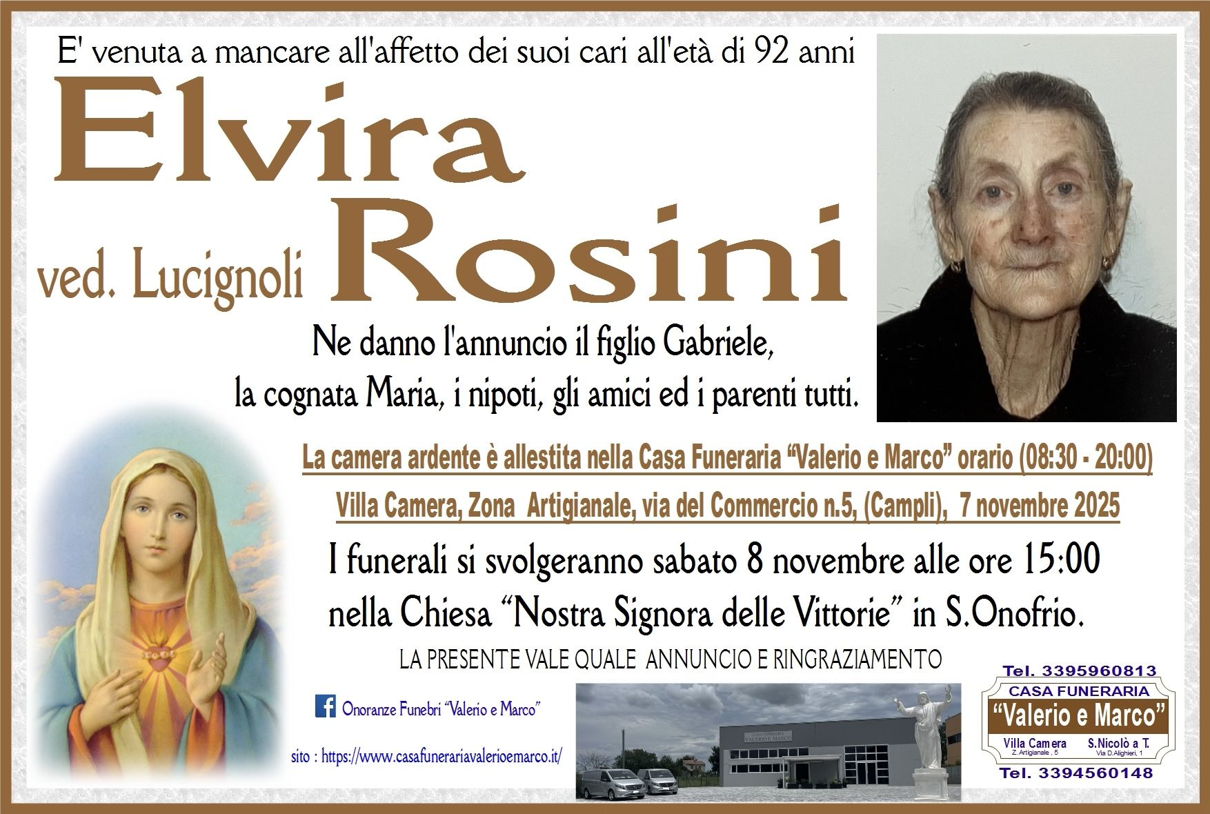 necrologio di Elvira Rosini Casa Funeraria Agenzia Onoranze Funebri Valerio e Marco Teramo Val Vibrata