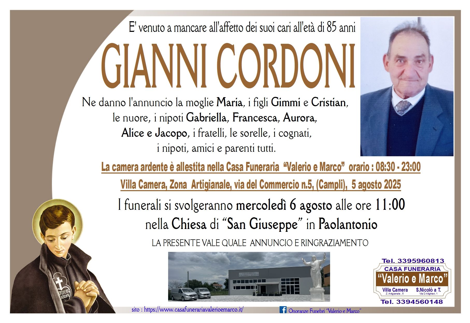 necrologio di Gianni Cordoni Casa Funeraria Agenzia Onoranze Funebri Valerio e Marco Teramo Val Vibrata