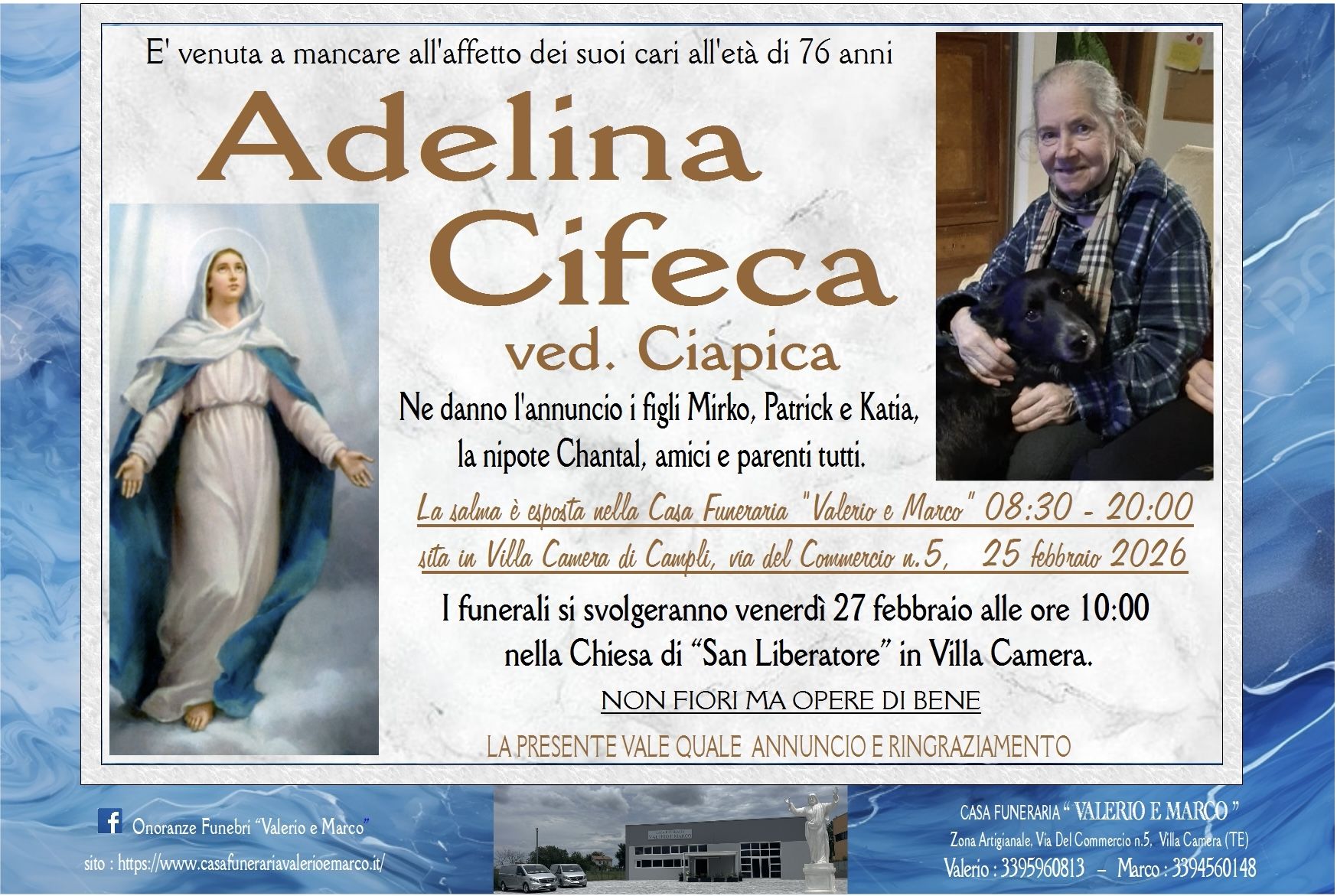 necrologio di Adelina Cifeca Casa Funeraria Agenzia Onoranze Funebri Valerio e Marco Teramo Val Vibrata