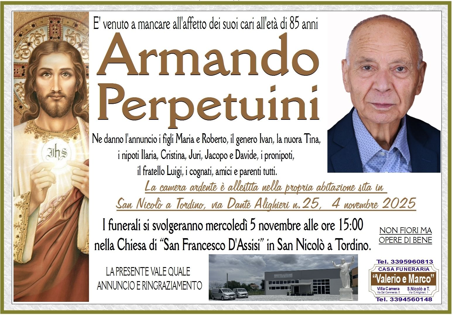 necrologio di Armando Perpetuini Casa Funeraria Agenzia Onoranze Funebri Valerio e Marco Teramo Val Vibrata