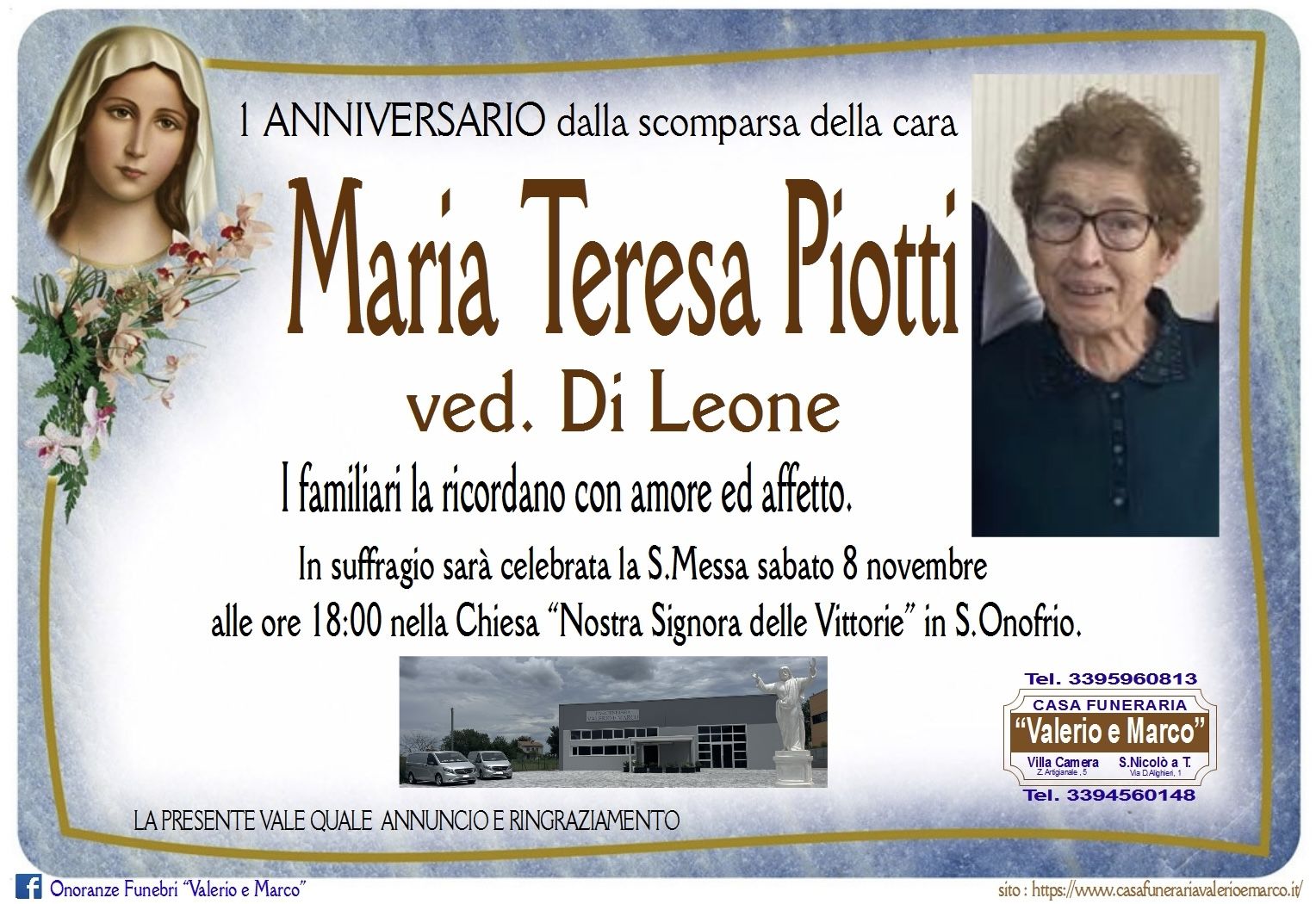 anniversario di Maria Teresa Piotti Casa Funeraria Agenzia Onoranze Funebri Valerio e Marco Teramo Val Vibrata