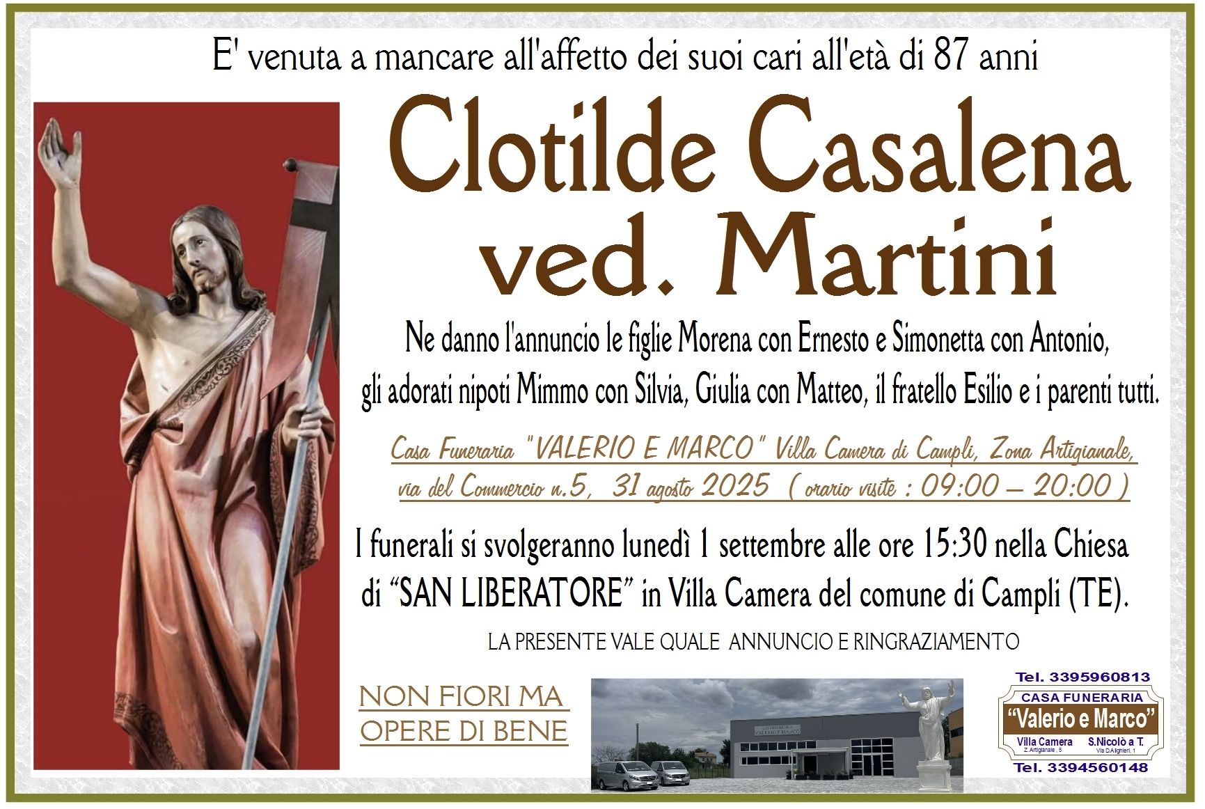 necrologio di Clotilde Casalena Casa Funeraria Agenzia Onoranze Funebri Valerio e Marco Teramo Val Vibrata