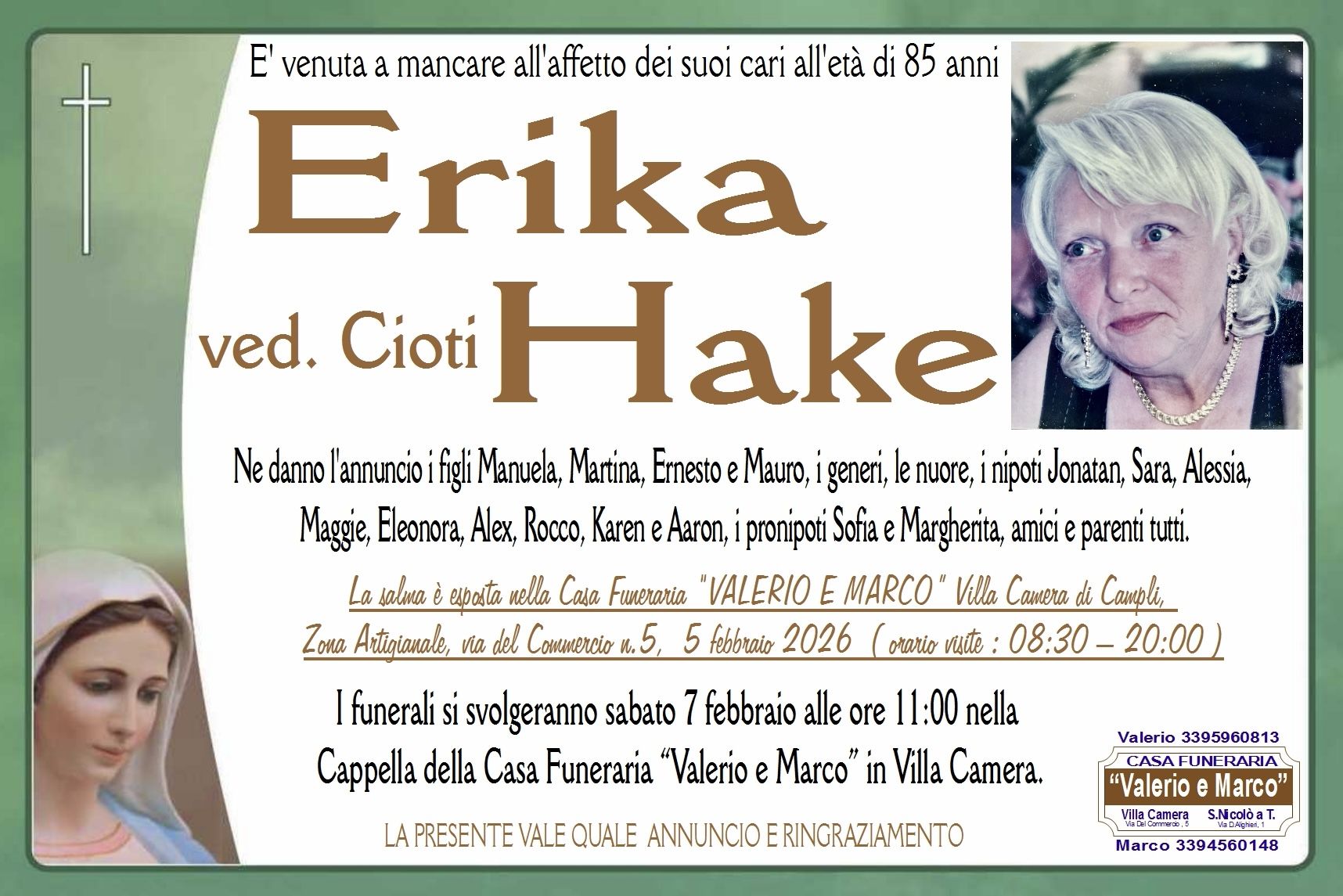 necrologio di Erika Hake ved. Cioti Casa Funeraria Agenzia Onoranze Funebri Valerio e Marco Teramo Val Vibrata