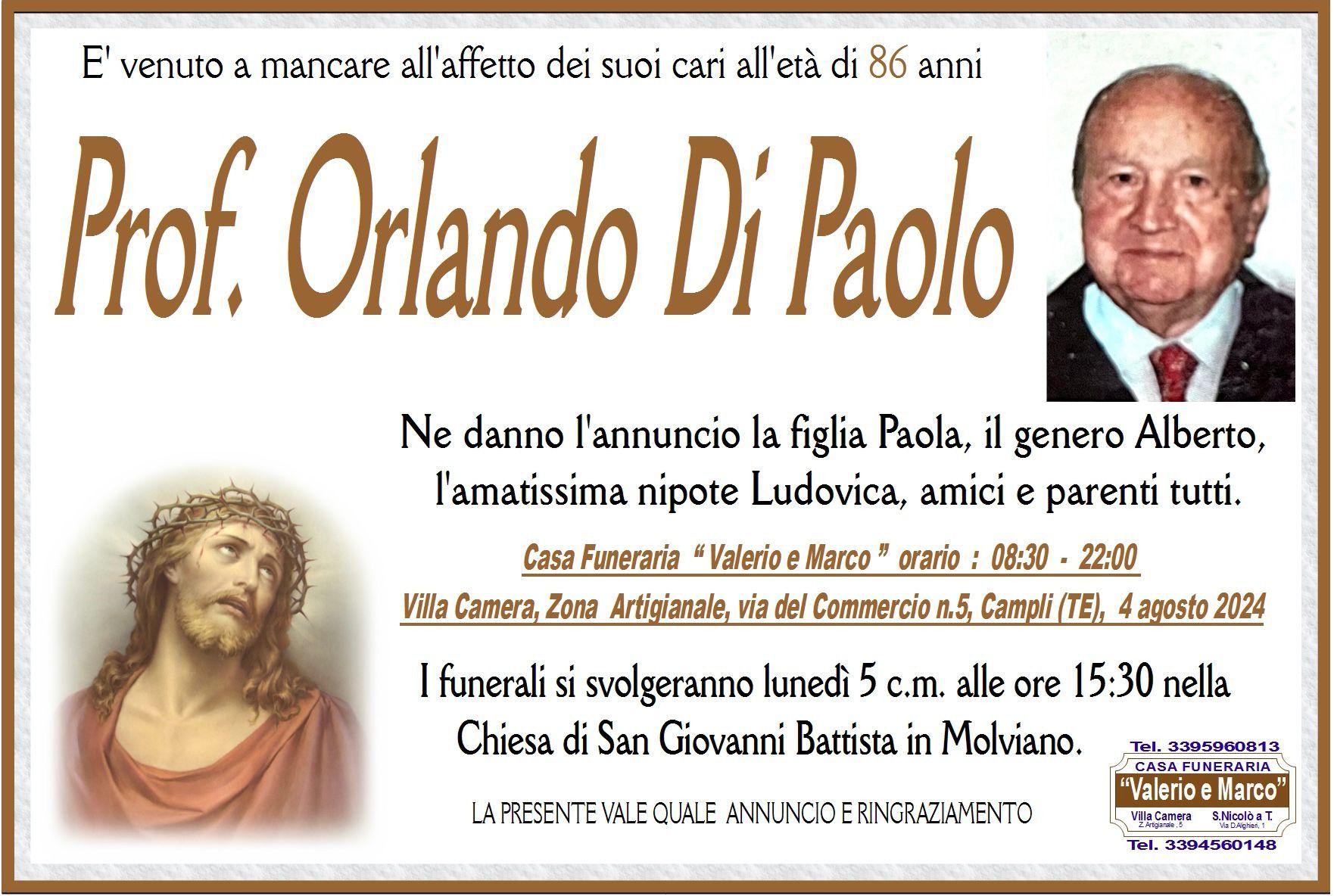 necrologio di Ornando di Paolo Casa Funeraria Agenzia Onoranze Funebri Valerio e Marco Teramo Val Vibrata