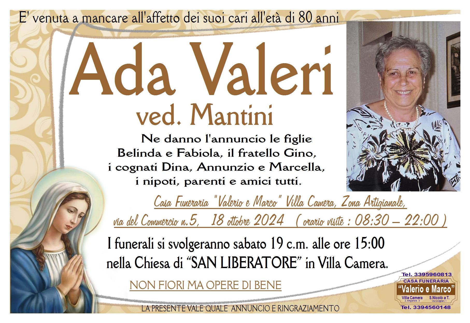necrologio di Ada Valeri Casa Funeraria Agenzia Onoranze Funebri Valerio e Marco Teramo Val Vibrata