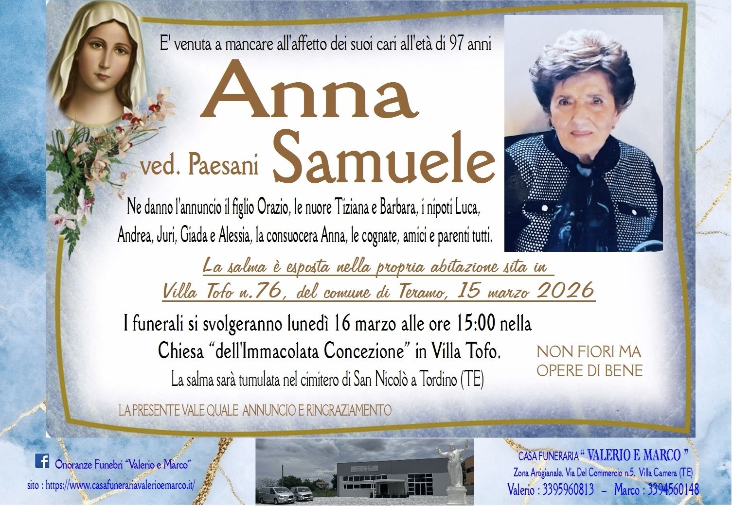 necrologio di Anna Samuele ved. Paesani Casa Funeraria Agenzia Onoranze Funebri Valerio e Marco Teramo Val Vibrata
