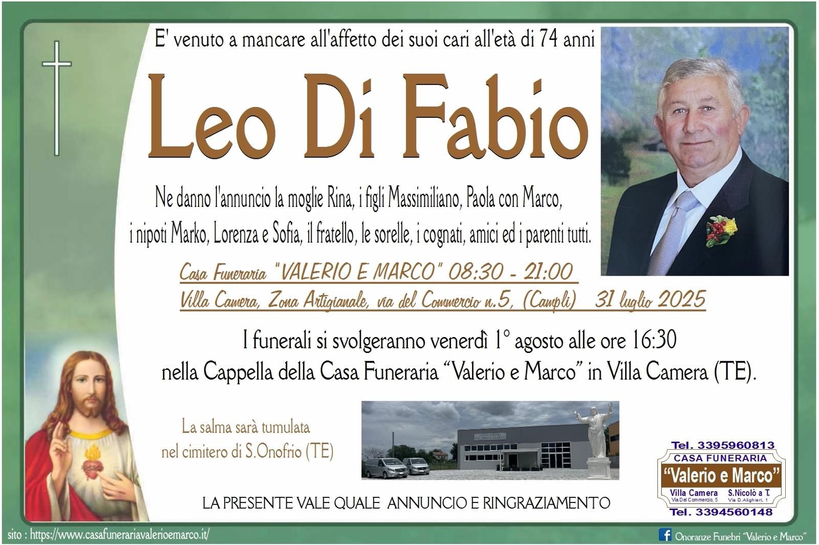 necrologio di Leo Di Fabio Casa Funeraria Agenzia Onoranze Funebri Valerio e Marco Teramo Val Vibrata