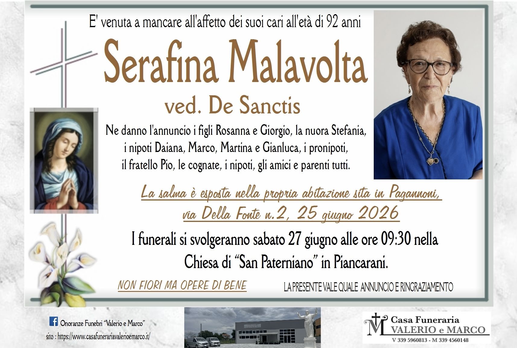 necrologio di Serafina Malavolta ved. De Sanctis Casa Funeraria Agenzia Onoranze Funebri Valerio e Marco Teramo Val Vibrata