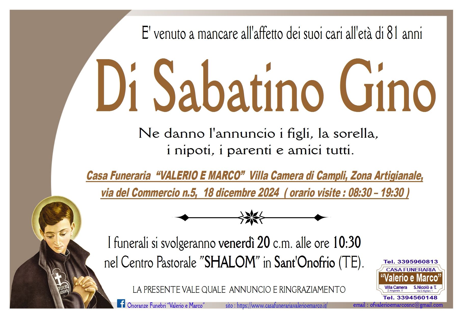 necrologio di Gino Di Sabatino Casa Funeraria Agenzia Onoranze Funebri Valerio e Marco Teramo Val Vibrata