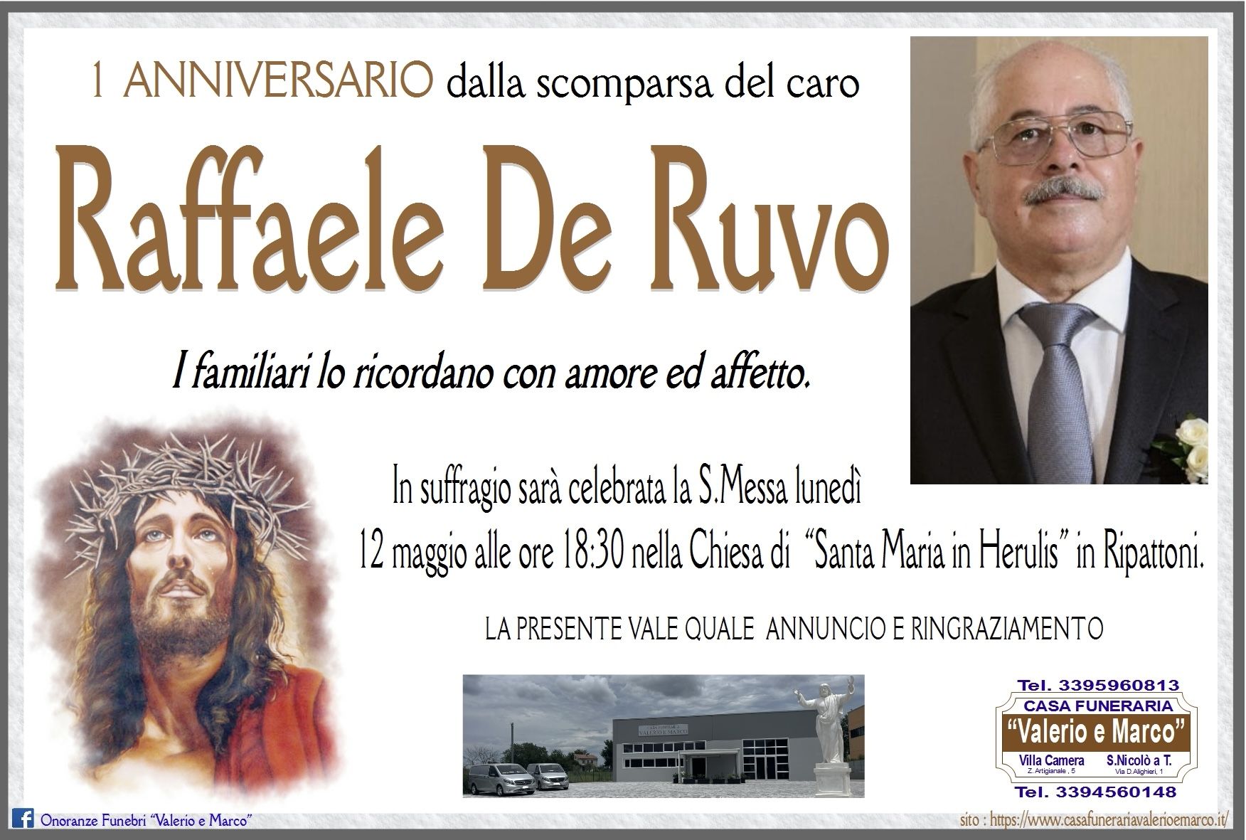 anniversario di Raffaele De Ruvo Casa Funeraria Agenzia Onoranze Funebri Valerio e Marco Teramo Val Vibrata