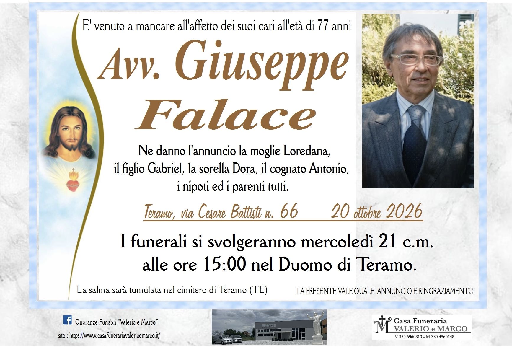 necrologio dell'Avv. Giuseppe Falace Casa Funeraria Agenzia Onoranze Funebri Valerio e Marco Teramo Val Vibrata