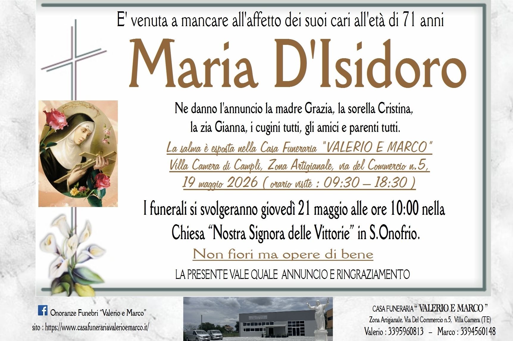 necrologio di Maria D'Isidoro Casa Funeraria Agenzia Onoranze Funebri Valerio e Marco Teramo Val Vibrata