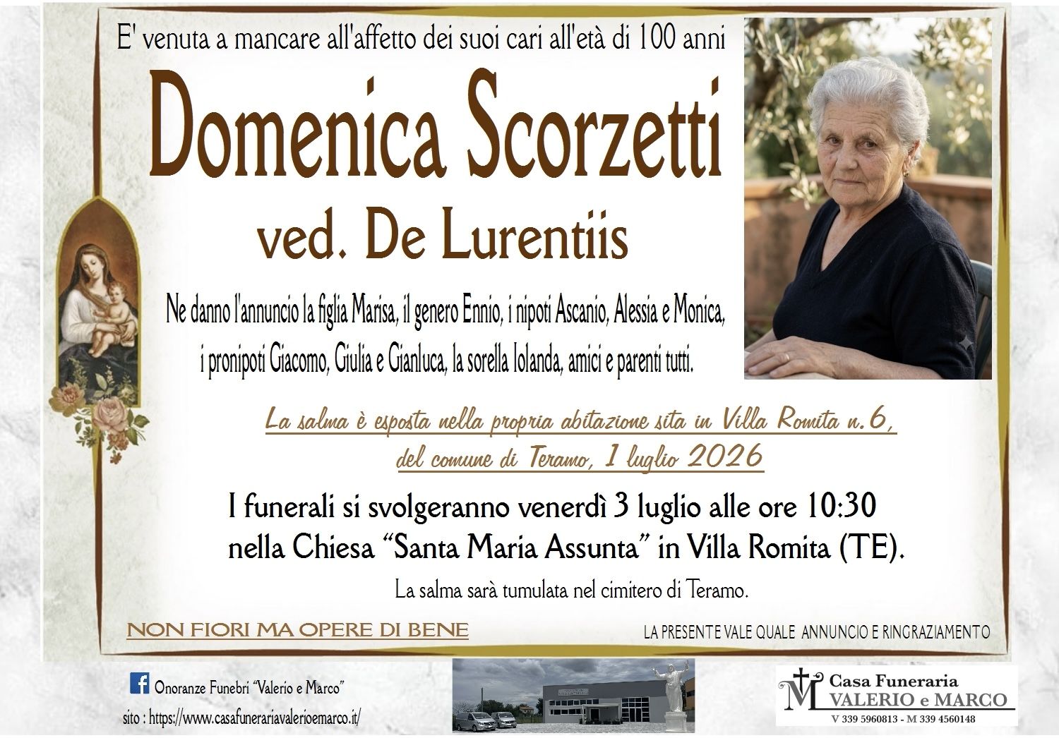 necrologio di Domenica Scorzetti ved. De Laurentiis Casa Funeraria Agenzia Onoranze Funebri Valerio e Marco Teramo Val Vibrata