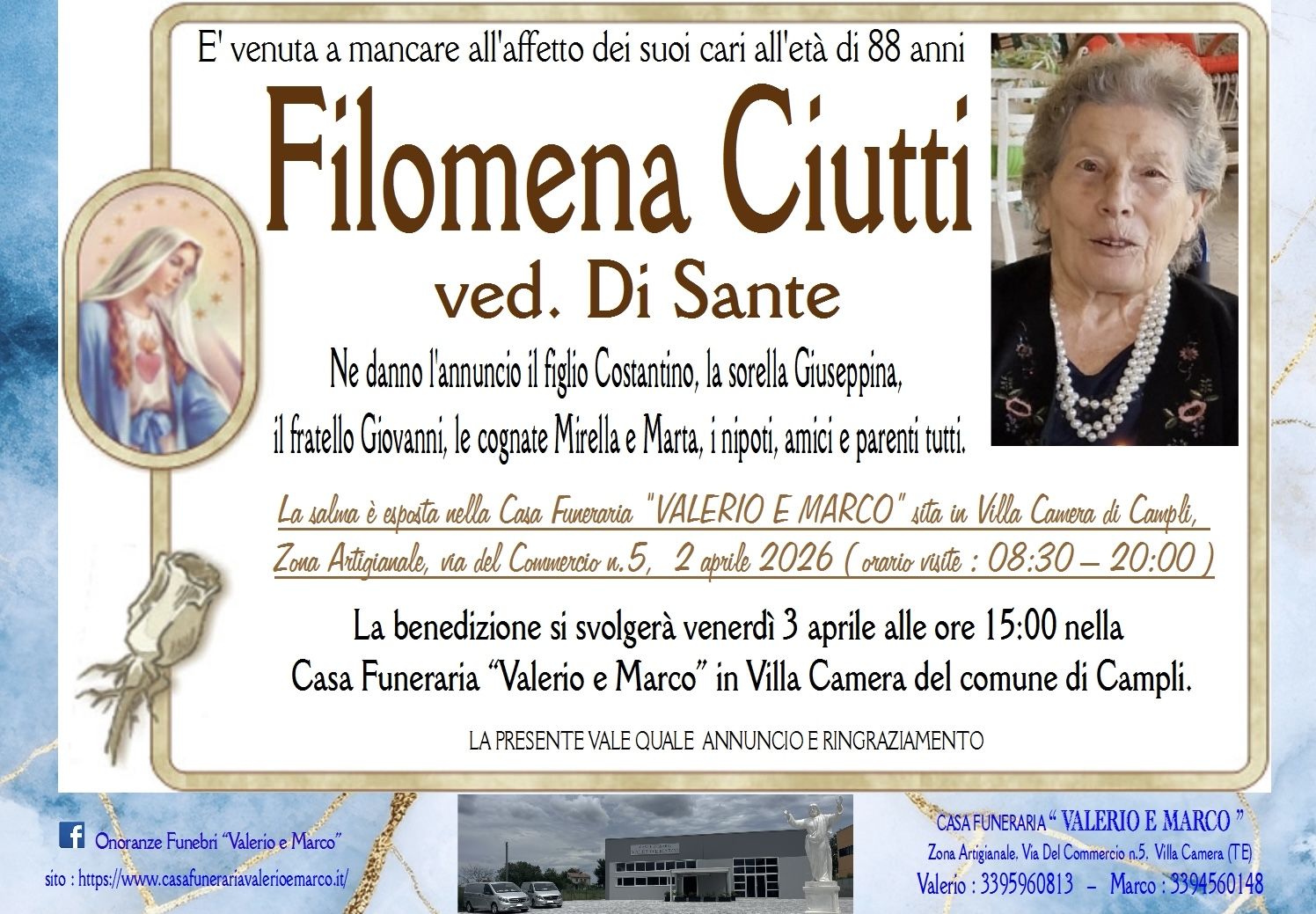 necrologio di Filomena Ciutti Casa Funeraria Agenzia Onoranze Funebri Valerio e Marco Teramo Val Vibrata