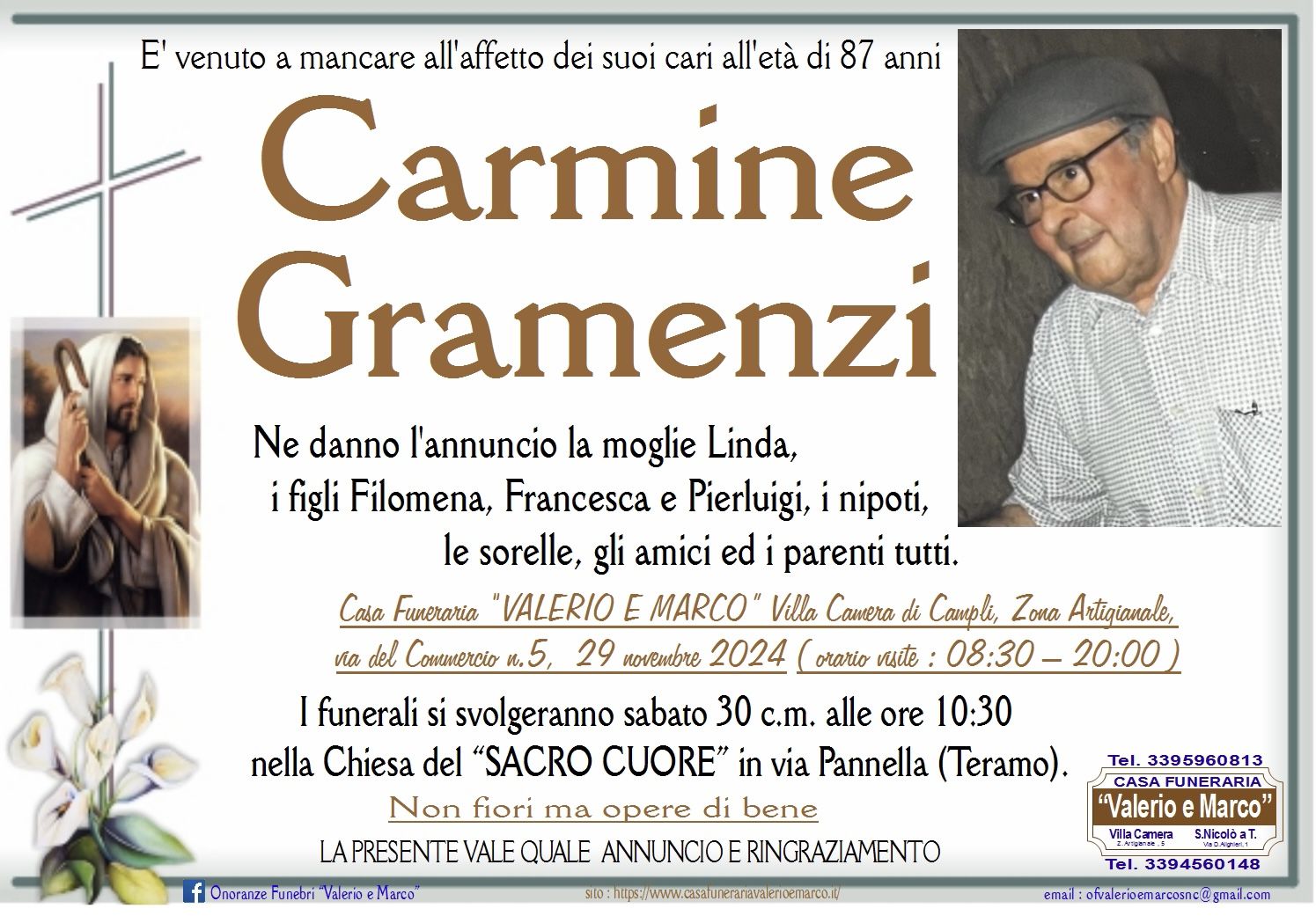 necrologio di Carmine Gramenzi Casa Funeraria Agenzia Onoranze Funebri Valerio e Marco Teramo Val Vibrata