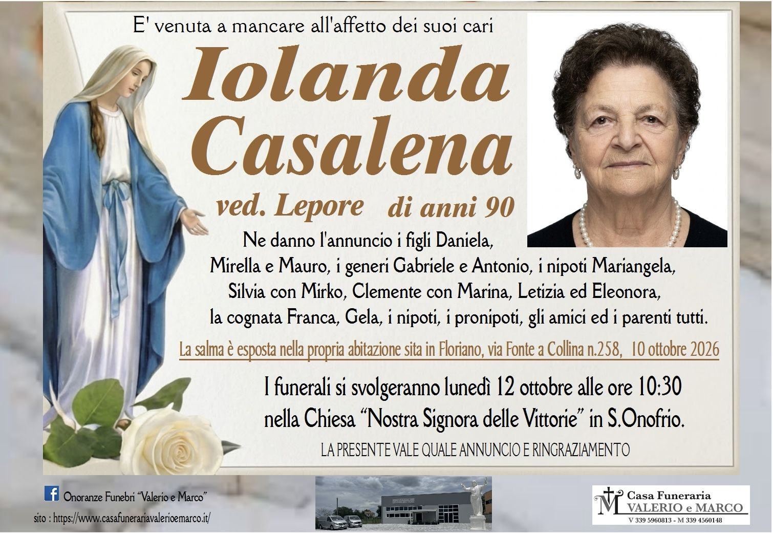 necrologio di Iolanda Casalena ved. Lepore Casa Funeraria Agenzia Onoranze Funebri Valerio e Marco Teramo Val Vibrata