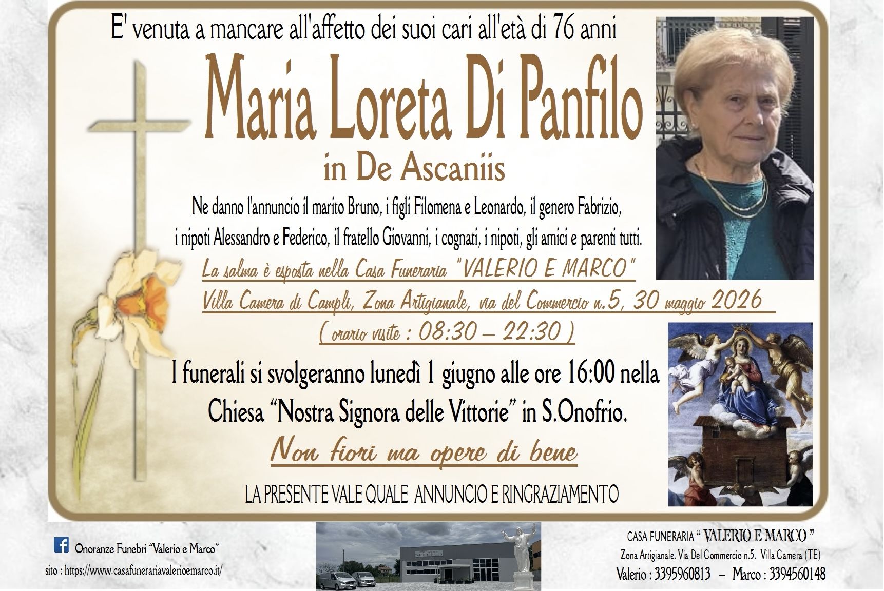 necrologio di Maria Loreta Di Panfilo Casa Funeraria Agenzia Onoranze Funebri Valerio e Marco Teramo Val Vibrata