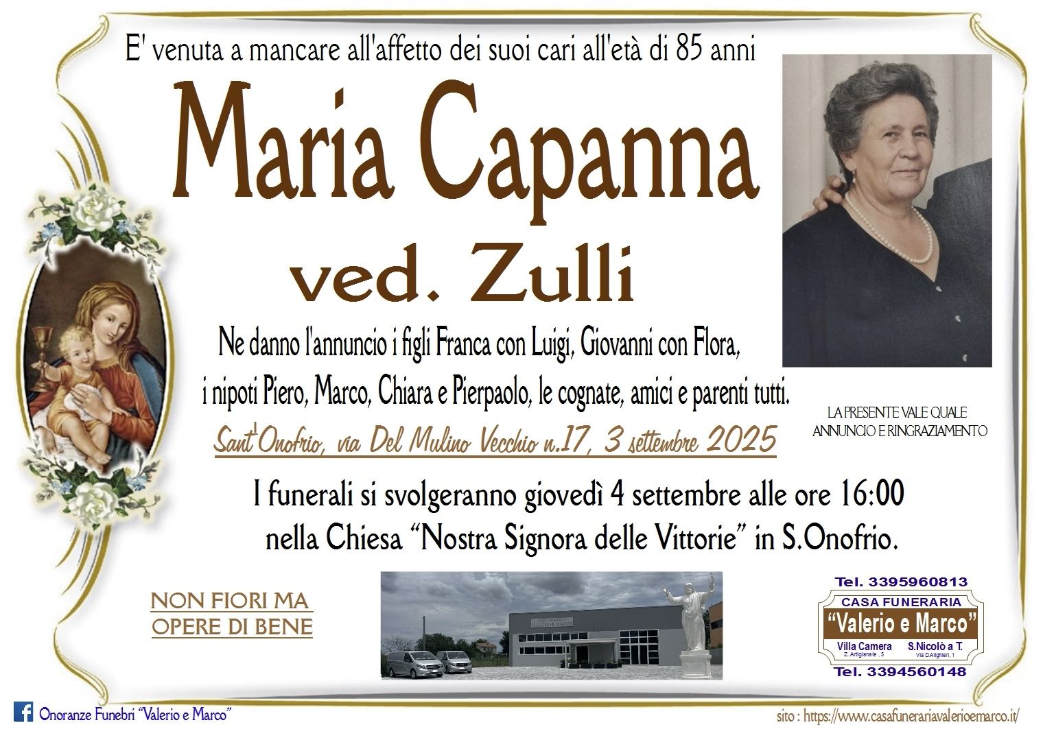 necrologio di Maria Capanna Casa Funeraria Agenzia Onoranze Funebri Valerio e Marco Teramo Val Vibrata