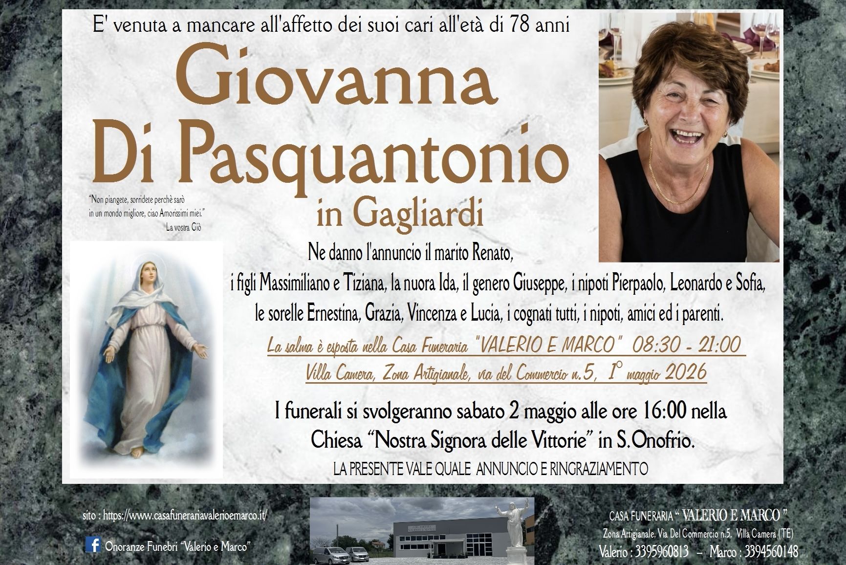 necrologio di Giovanna Di Pasquantonio in Gagliardi Casa Funeraria Agenzia Onoranze Funebri Valerio e Marco Teramo Val Vibrata