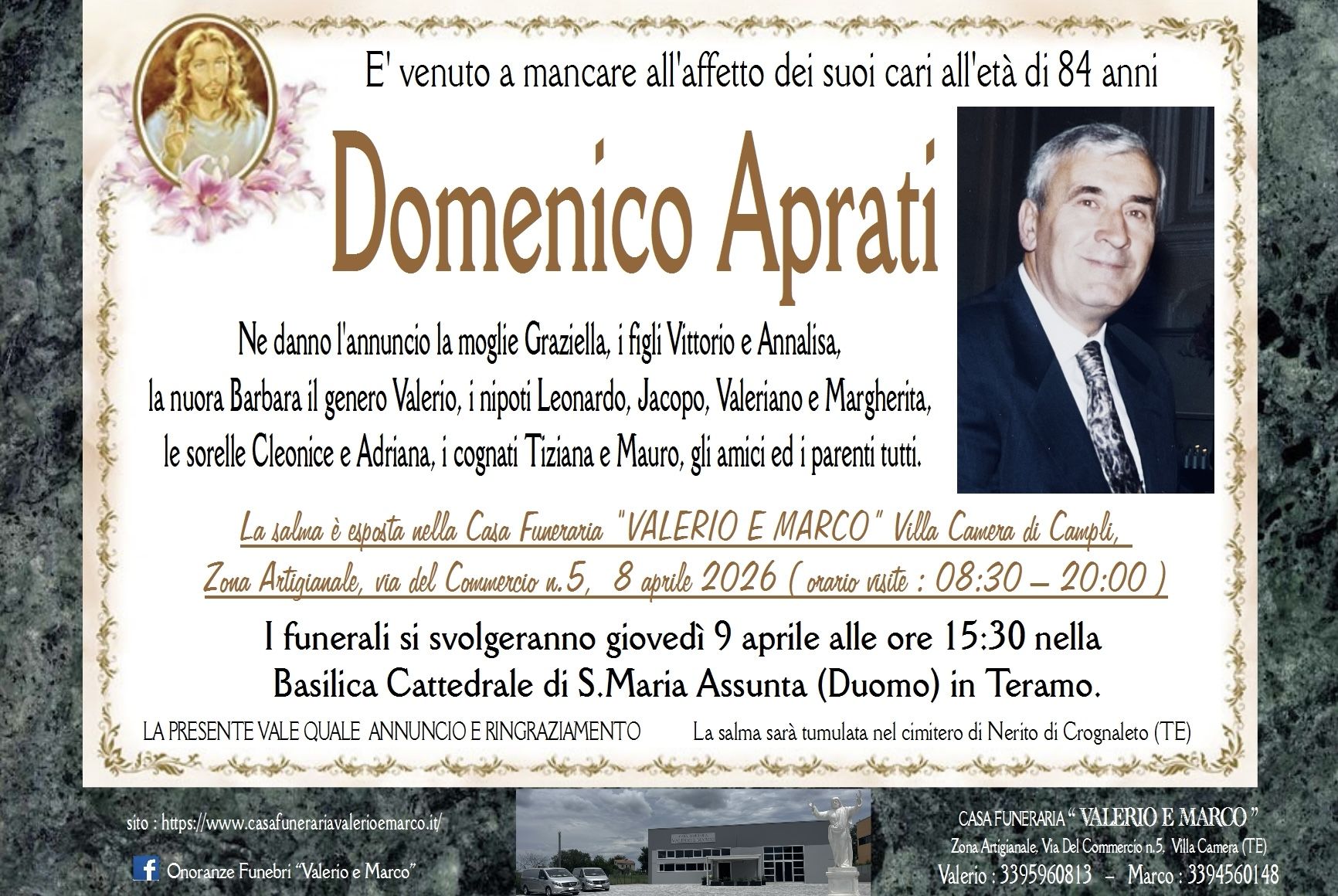necrologio di Domenico Aprati Casa Funeraria Agenzia Onoranze Funebri Valerio e Marco Teramo Val Vibrata