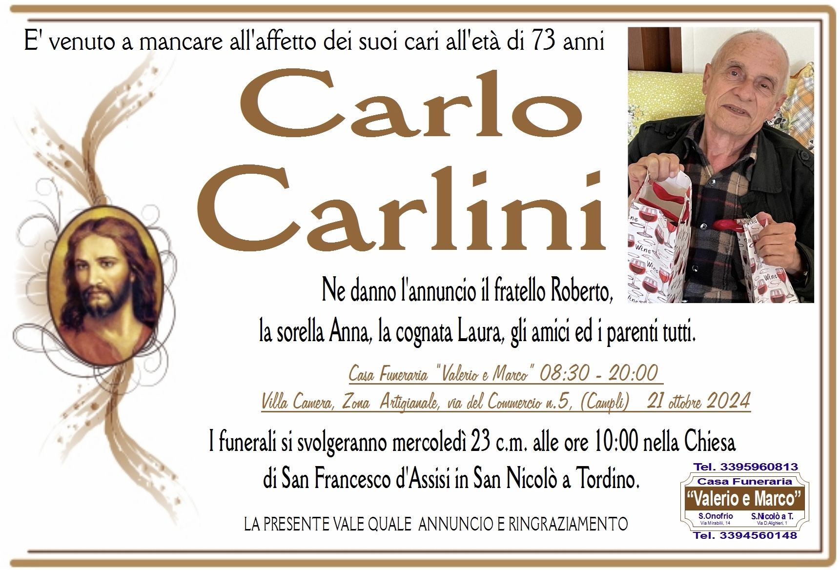 necrologio di Carlo Carlini Casa Funeraria Agenzia Onoranze Funebri Valerio e Marco Teramo Val Vibrata