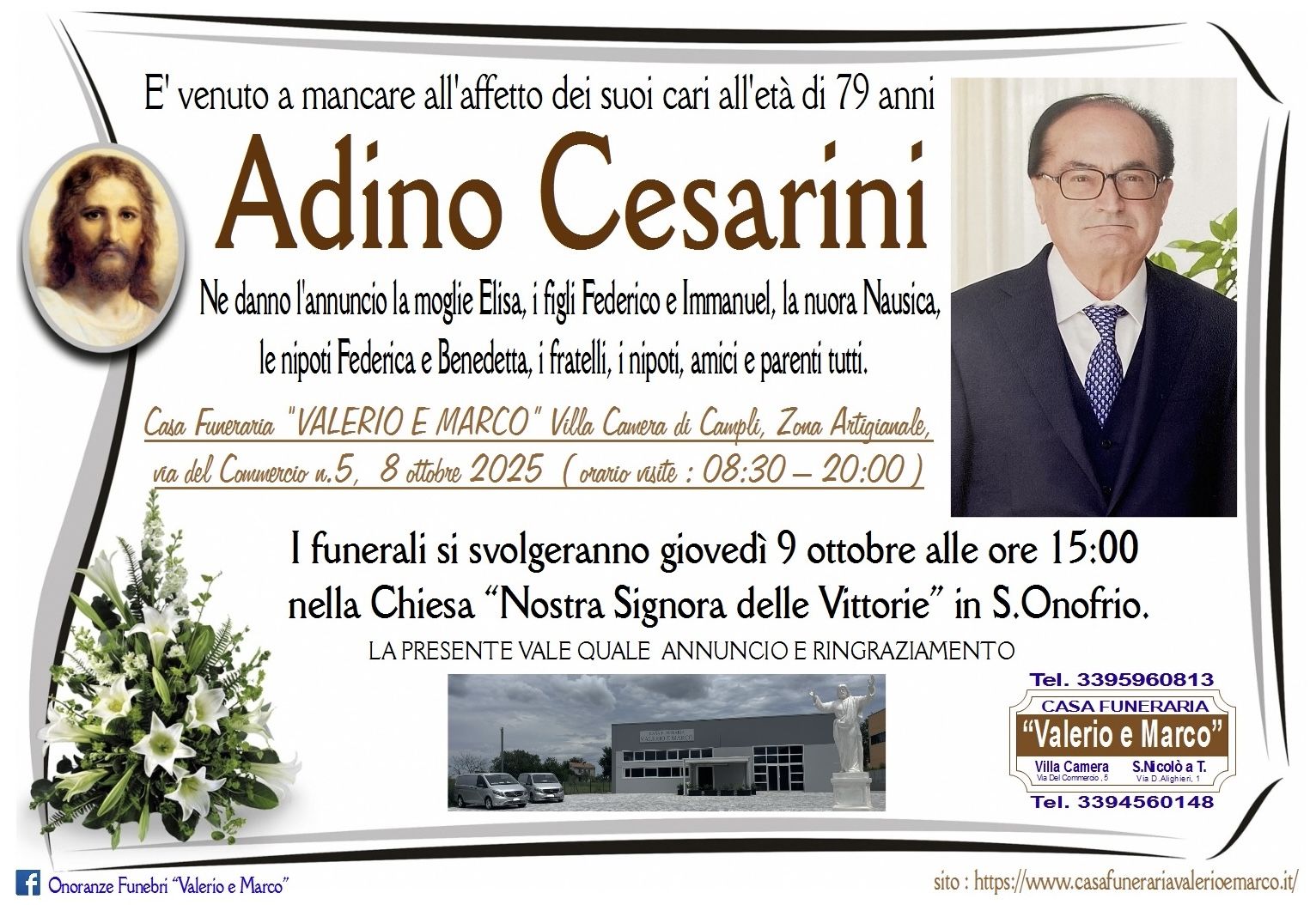 necrologio di Adino Cesarini Casa Funeraria Agenzia Onoranze Funebri Valerio e Marco Teramo Val Vibrata