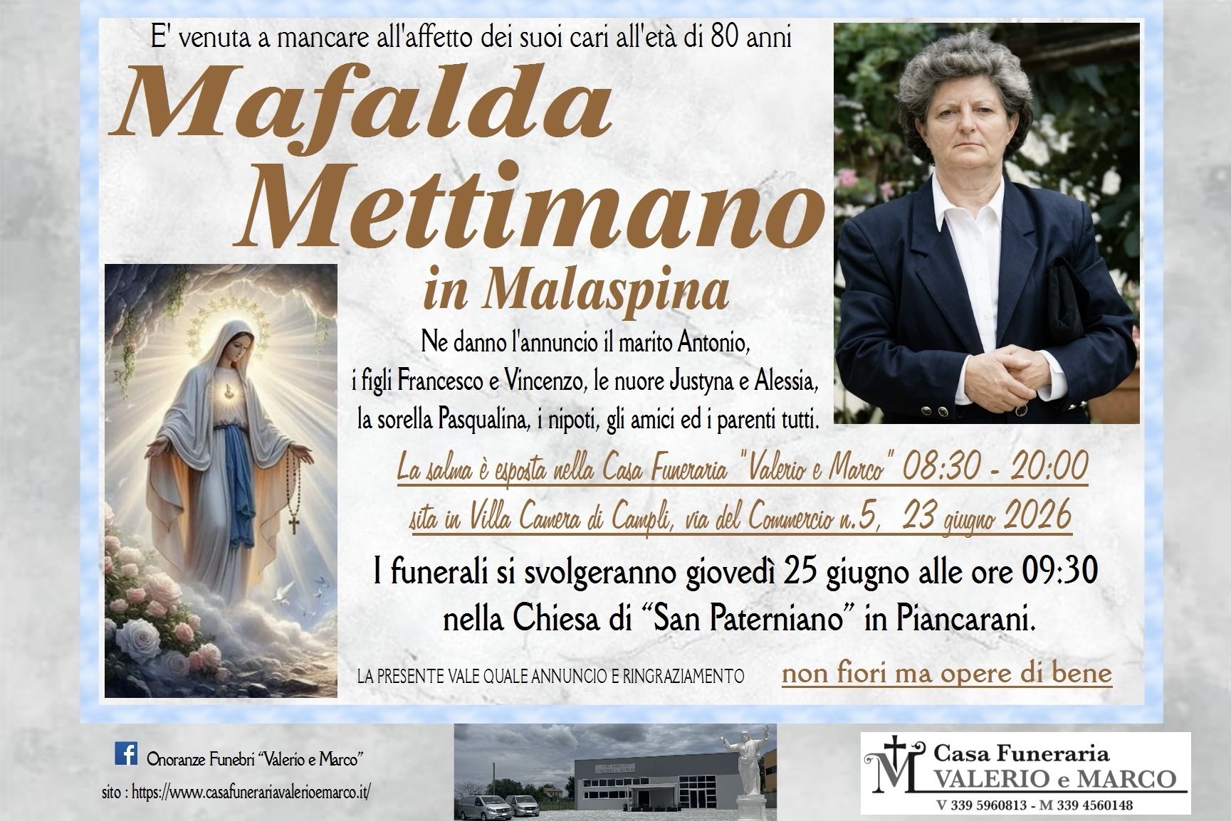 necrologio di Mafalda Mettimano in Malaspina Casa Funeraria Agenzia Onoranze Funebri Valerio e Marco Teramo Val Vibrata