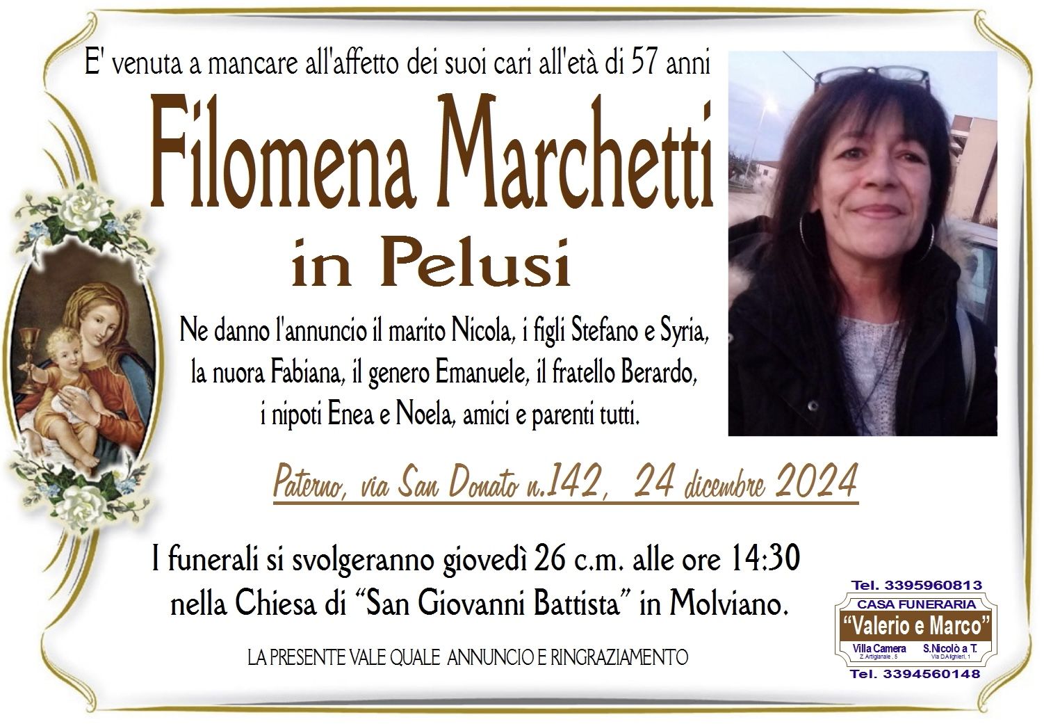 necrologio di Filomena Marchetti Casa Funeraria Agenzia Onoranze Funebri Valerio e Marco Teramo Val Vibrata