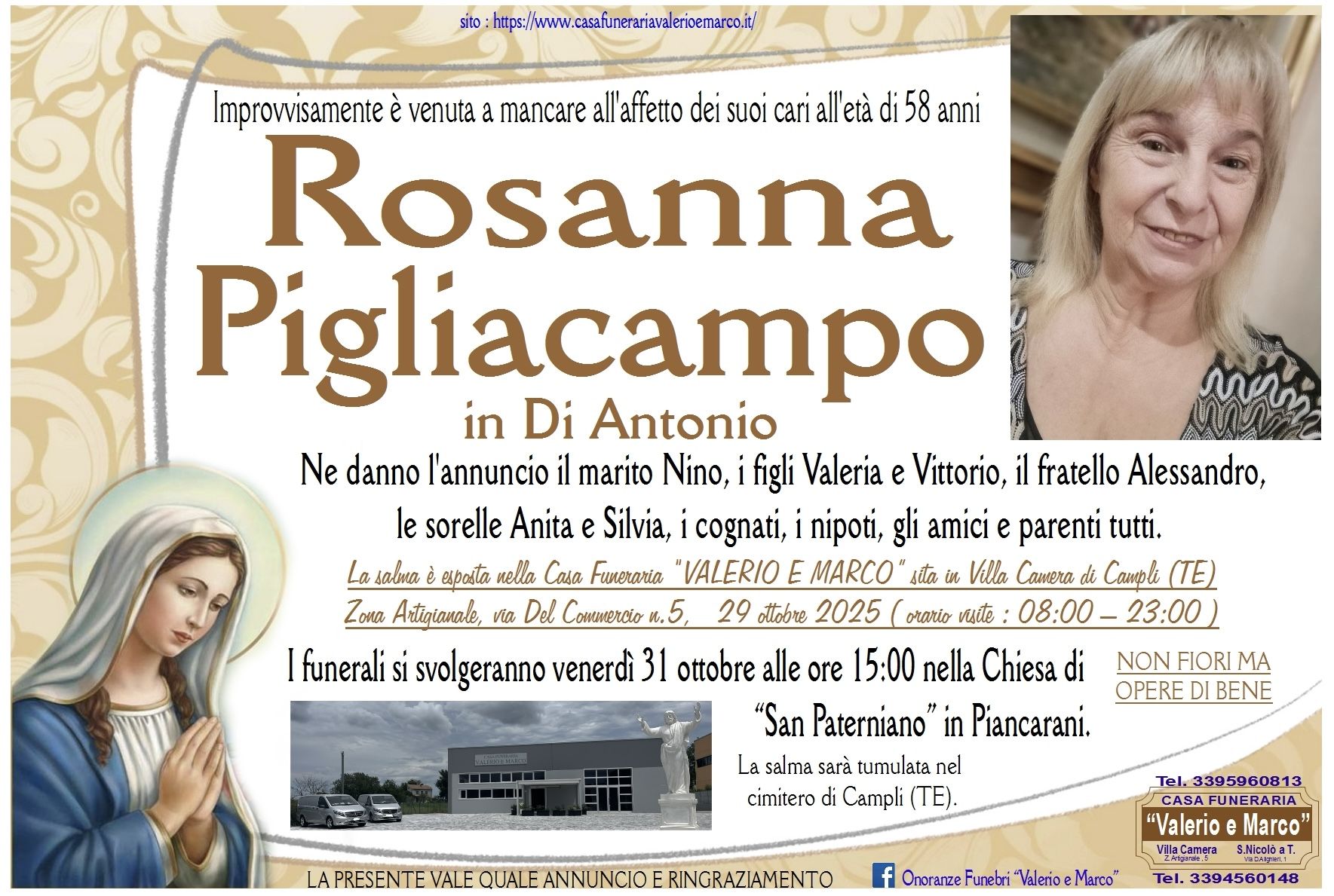 necrologio di Rosanna Pigliacampo Casa Funeraria Agenzia Onoranze Funebri Valerio e Marco Teramo Val Vibrata