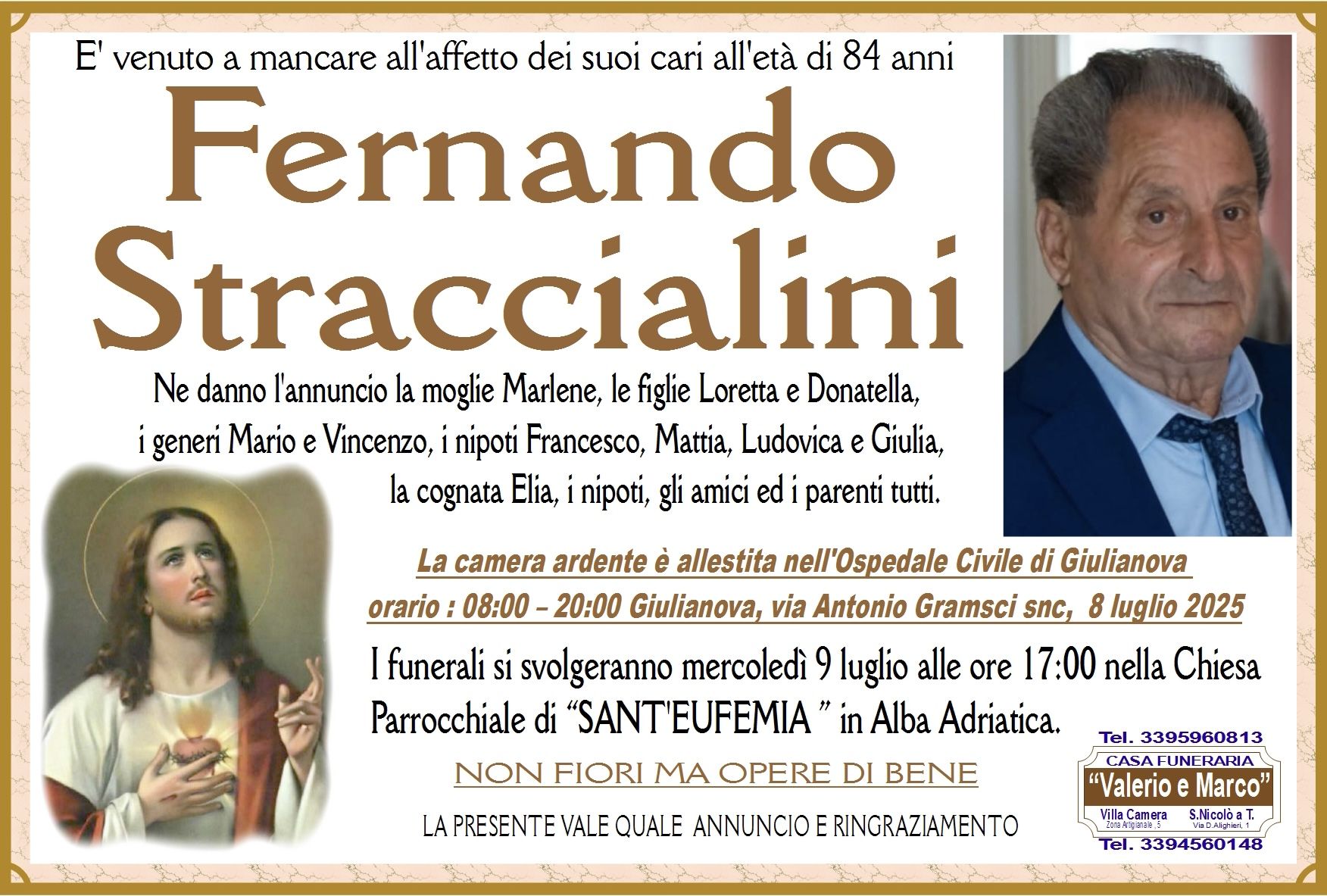 necrologio di Fernando Straccialini Casa Funeraria Agenzia Onoranze Funebri Valerio e Marco Teramo Val Vibrata