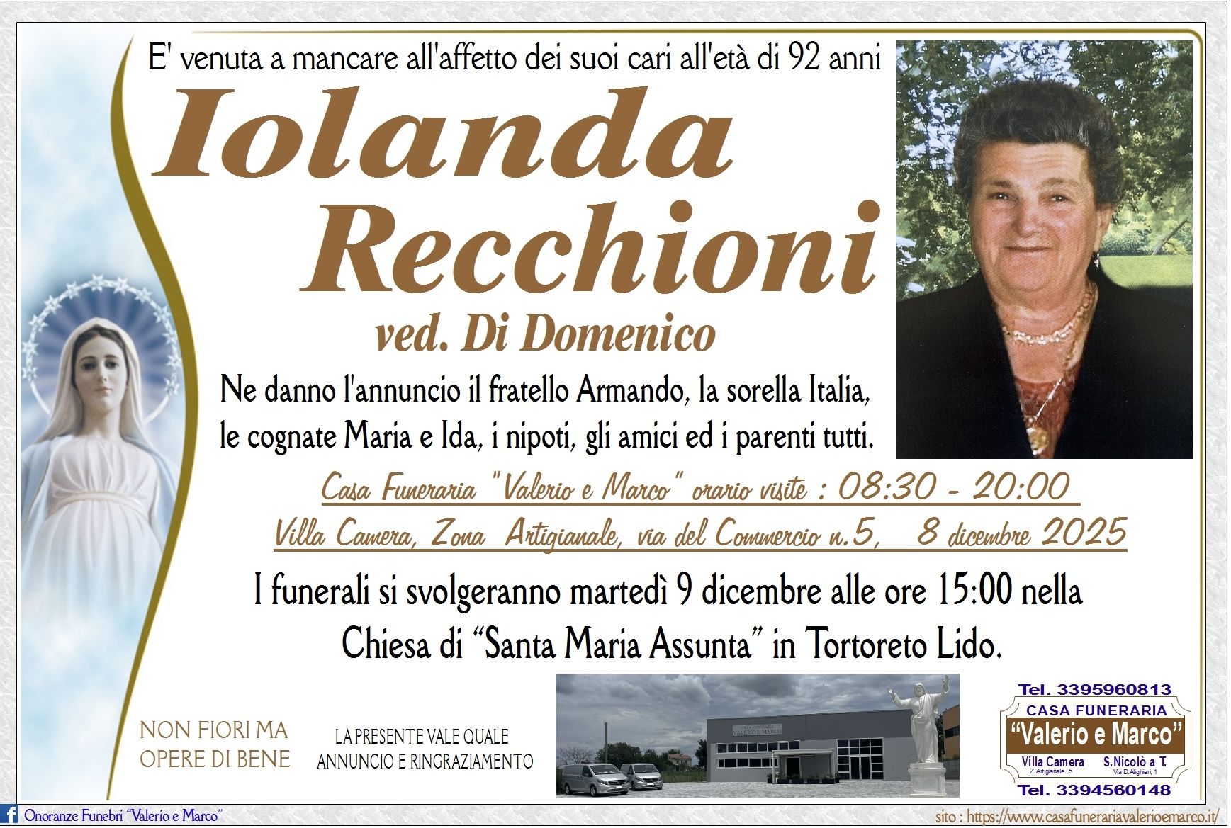 necrologio di Iolanda Recchioni Casa Funeraria Agenzia Onoranze Funebri Valerio e Marco Teramo Val Vibrata