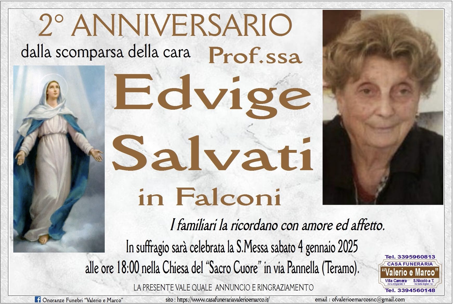 anniversario della Prof.ssa Edvige Salvati Casa Funeraria Agenzia Onoranze Funebri Valerio e Marco Teramo Val Vibrata