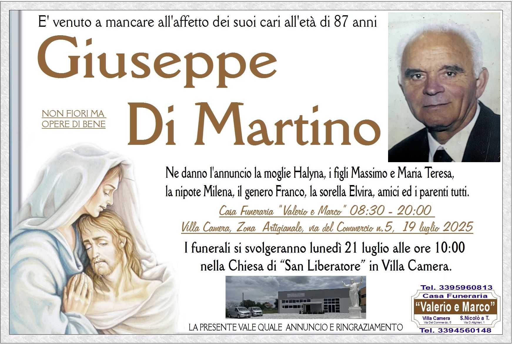 necrologio di Giuseppe Di Martino Casa Funeraria Agenzia Onoranze Funebri Valerio e Marco Teramo Val Vibrata