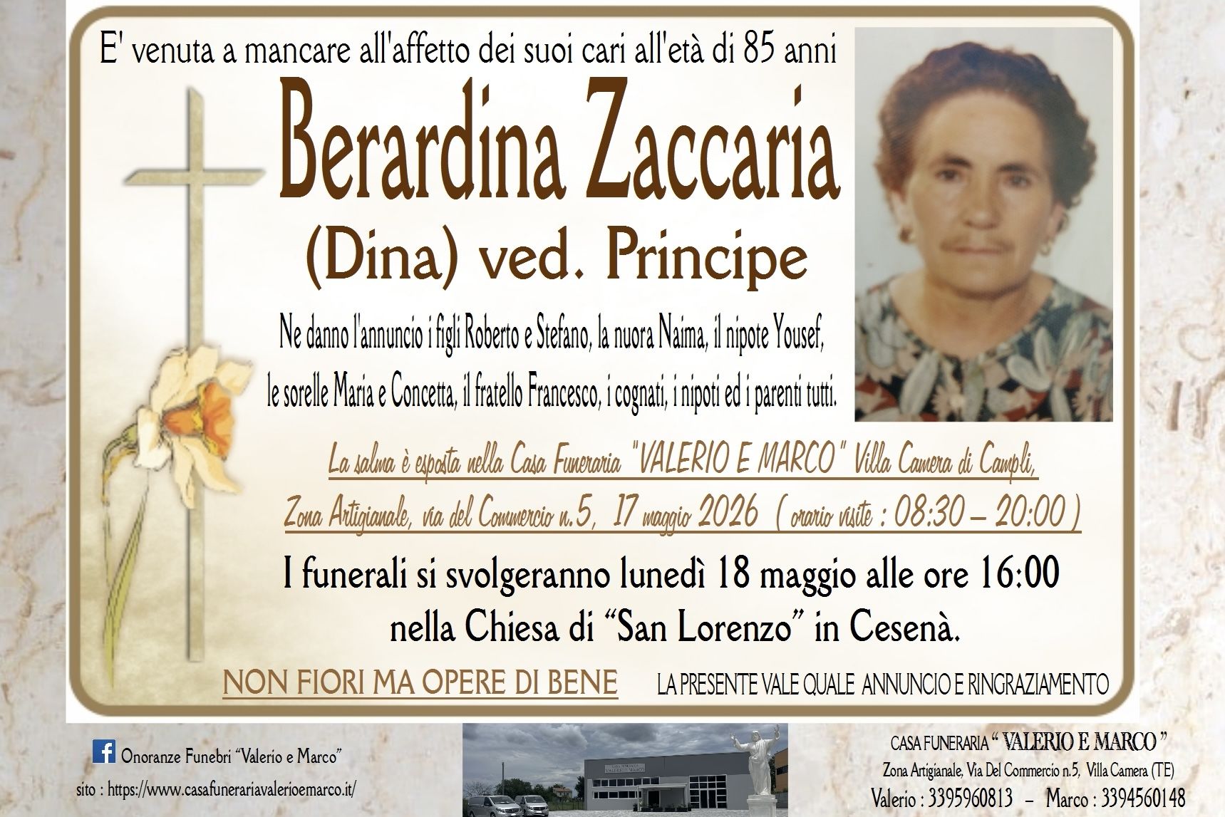 necrologio di Berardina Zaccaria (Dina) ved. Principe Casa Funeraria Agenzia Onoranze Funebri Valerio e Marco Teramo Val Vibrata