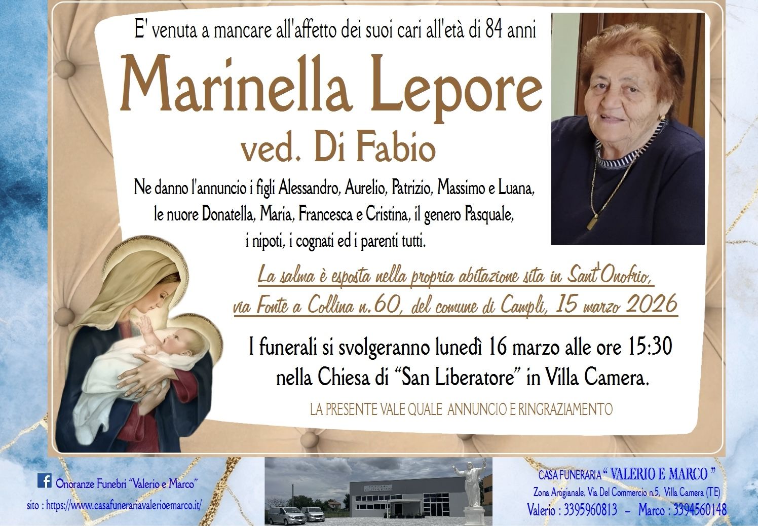 necrologio di Marinella Lepore ved. Di Fabio Casa Funeraria Agenzia Onoranze Funebri Valerio e Marco Teramo Val Vibrata