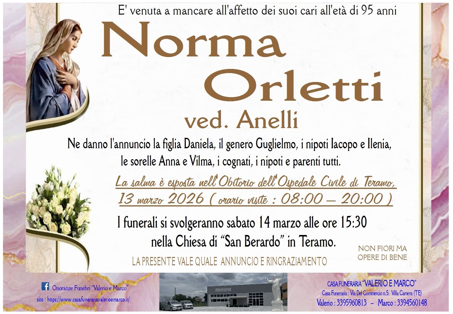 necrologio di Norma Orletti ved. Anelli Casa Funeraria Agenzia Onoranze Funebri Valerio e Marco Teramo Val Vibrata
