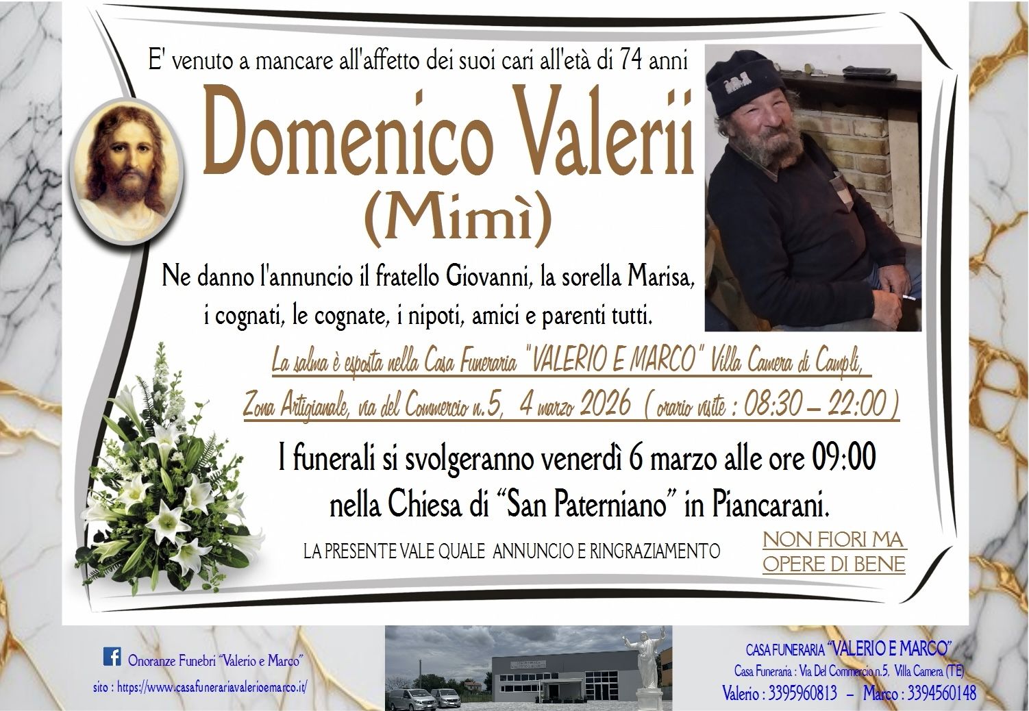 necrologio di Domenico Valerii Casa Funeraria Agenzia Onoranze Funebri Valerio e Marco Teramo Val Vibrata
